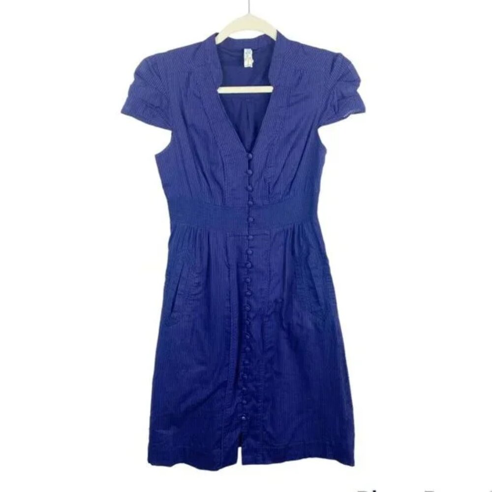 Anthropologie Maeve Navy Blue Stripe Button Front Dress Cap Sleeve Size Small